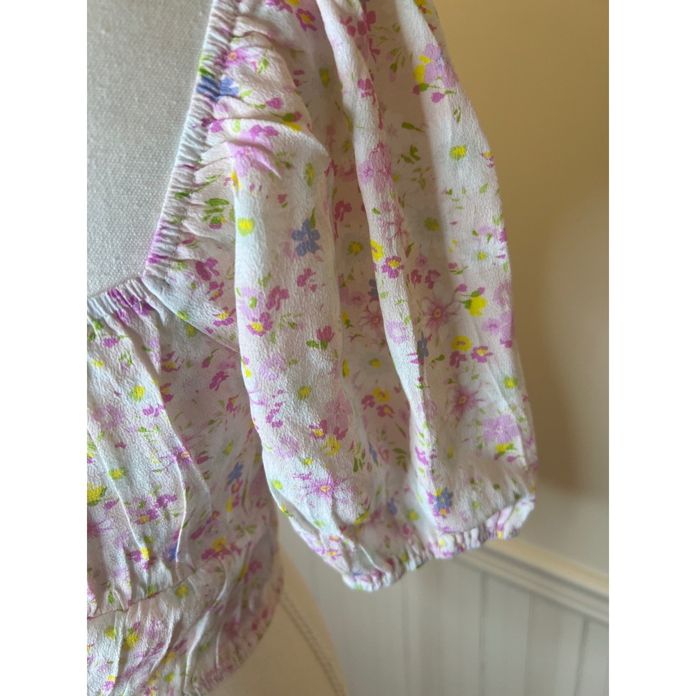 Elodie Floral Puff Sleeve Crop Top Sweetheart Neck Cottagecore Pink White NWT XS - Picture 7 of 8